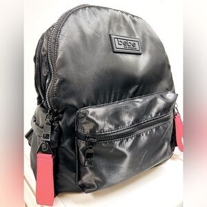 bebe Black Satin Look Logo Print Pattern Backpack Bag Purse Pink Zip Closure